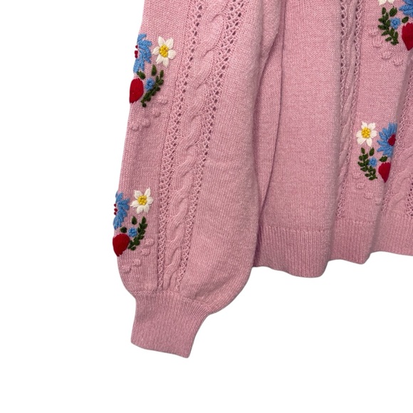 Boden Pink Embroidered Cable Knit Sweater Size XL Floral Heart Style K1049 - Picture 5 of 7